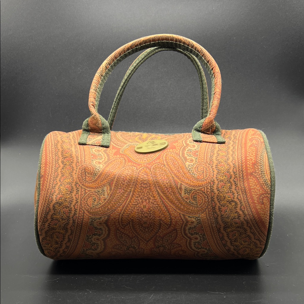 Etro Parfume Paisley Small Barrel Bag In Rust Orange And Olive